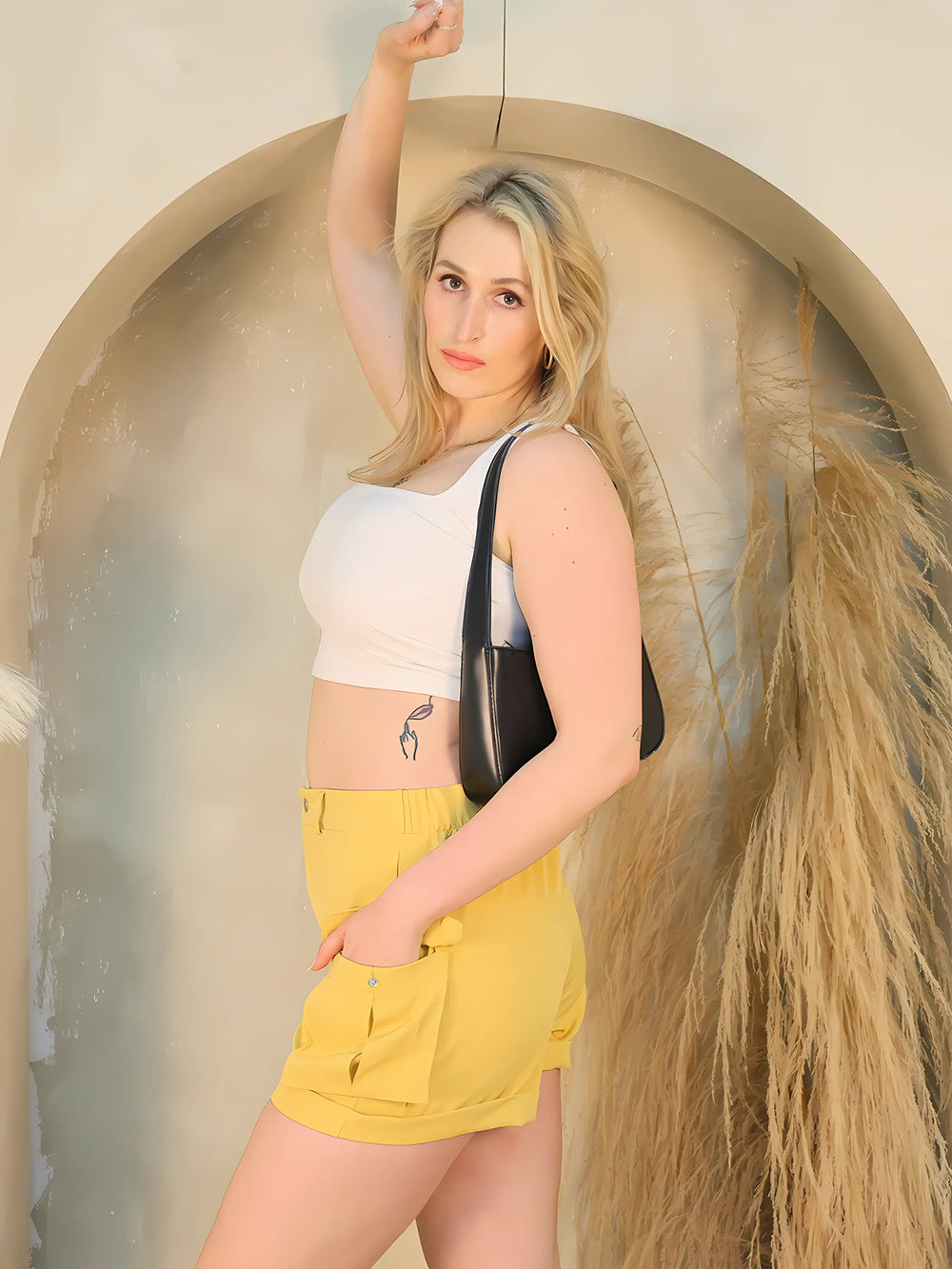 Womens Golden Yellow Cargo Shorts Side