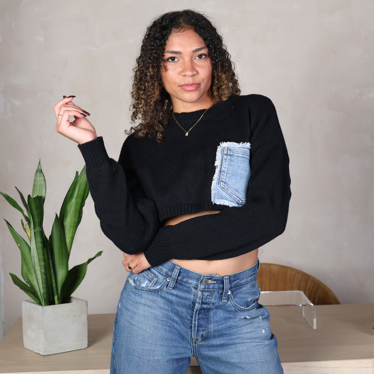 Denim Pocket Crop Sweater