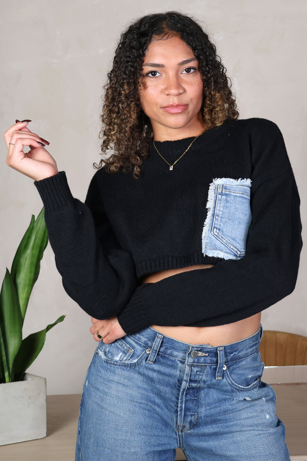 Denim Pocket Crop Sweater