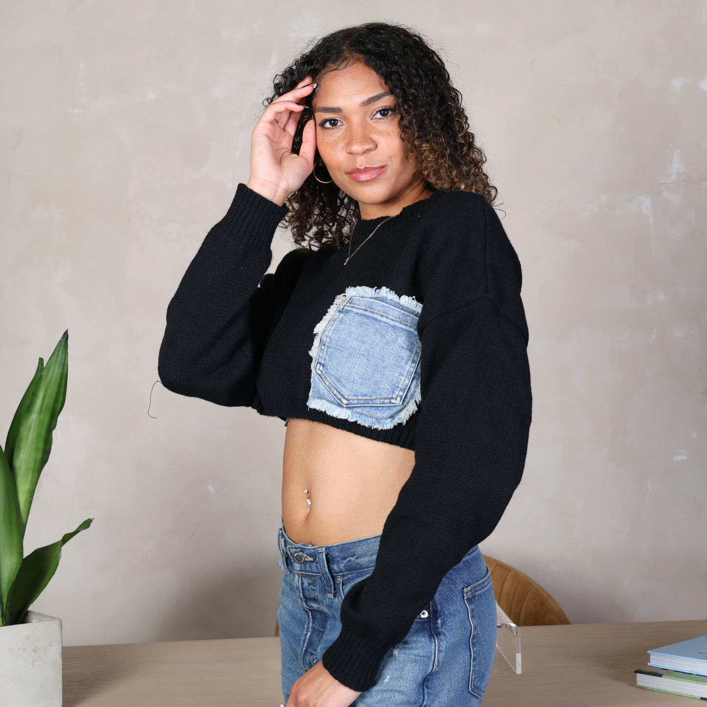 Denim Pocket Crop Sweater