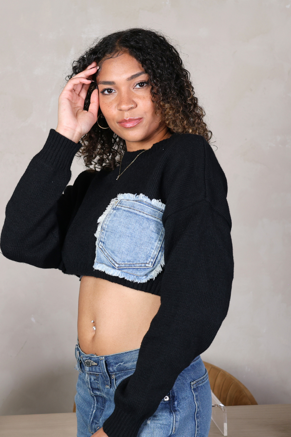 Denim Pocket Crop Sweater