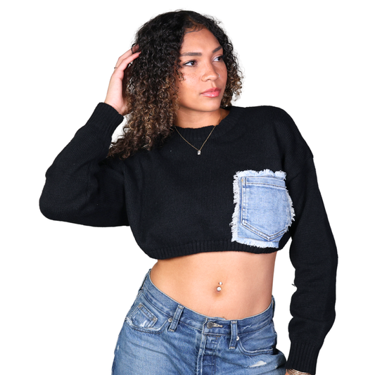Denim Pocket Crop Sweater