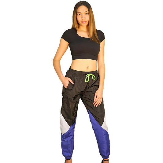 Womens Retro Black White Blue Nylon Joggers